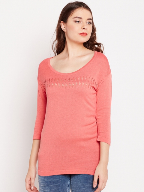 Wills Lifestyle Women Coral Pink Self-Design Fitted Top