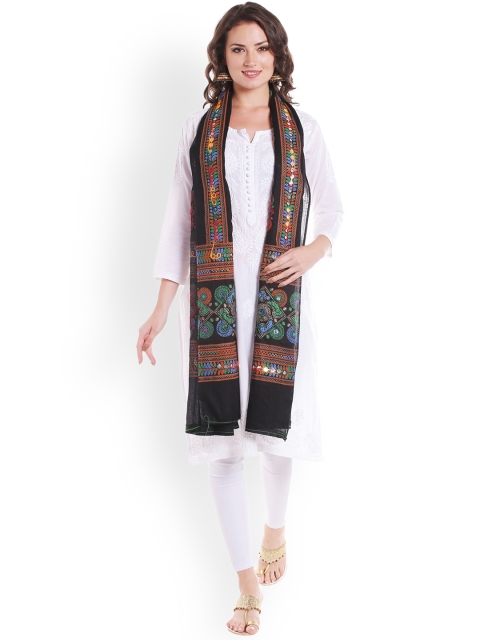 Dupatta Bazaar Black Block Print Embroidered Dupatta