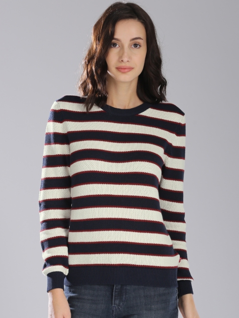 Levis Women Navy & White Striped Sweater, Navy blue