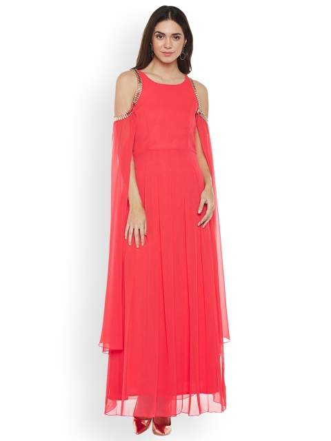 Athena Women Coral Solid Maxi Dress