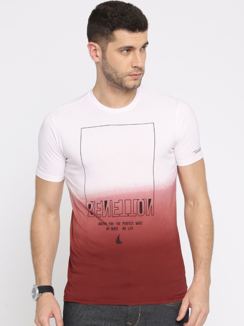 United Colors of Benetton Men White & Maroon Printed Ombre-Dyed T-shirt