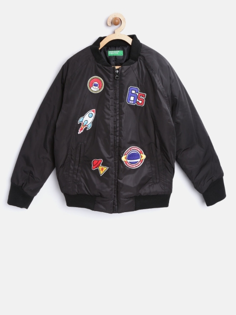 United Colors of Benetton Boys Black Bomber Jacket with Appliques