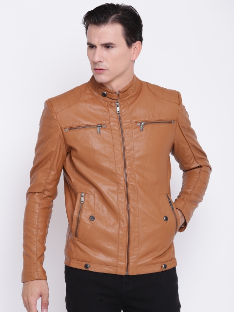 Fort Collins Men Brown Solid Biker Jacket