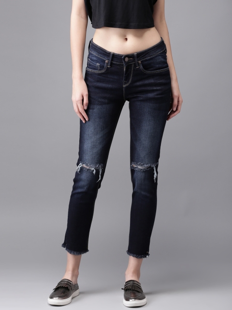 HERE&NOW Women Navy Skinny Fit Mid-Rise Cropped Slash Knee Stretchable Jeans, Navy blue
HERE&NOW Women Navy Skinny Fit Mid-Rise Cropped Slash Knee Stretchable Jeans, Navy blue
