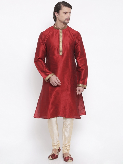 Shahjada Men Maroon & Cream-Coloured Solid Kurta with Churidar