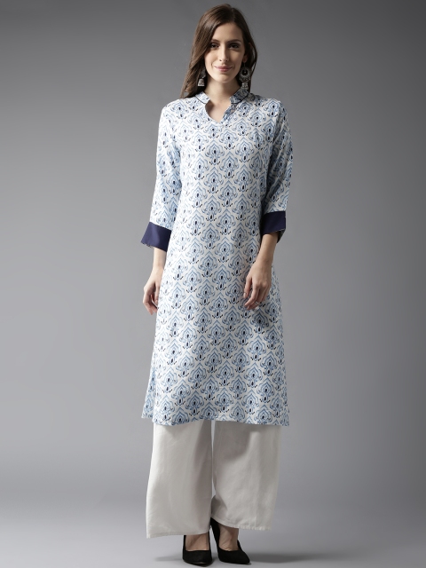HERE&NOW Women White & Blue Printed Straight Kurta