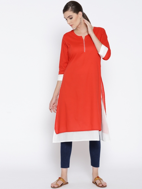 Jashn Women Red & Off-White Solid A-Line Kurta
