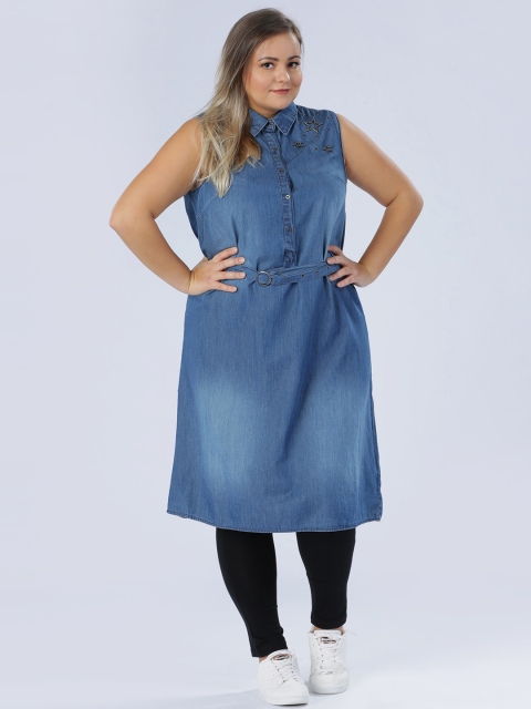 Splash Women Blue Washed Denim Midi Shirt Dress