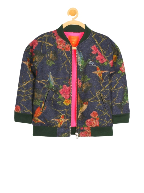 Cherry Crumble Girls Navy Blue & Pink Printed Bomber