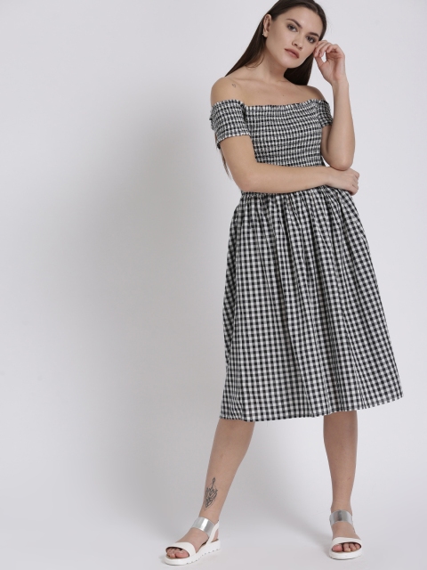 Chemistry Women Black & White Checked Bardot Dress