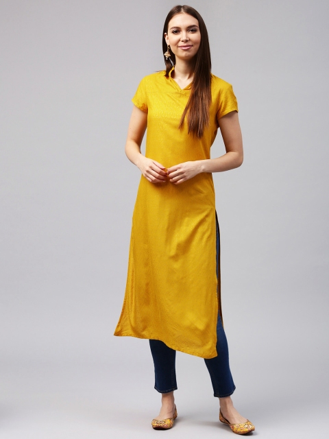 AKS Women Yellow Printed Straight Kurta