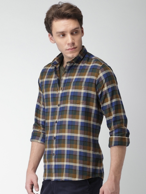 Mast & Harbour Men Blue & Brown Slim Fit Checked Casual Shirt