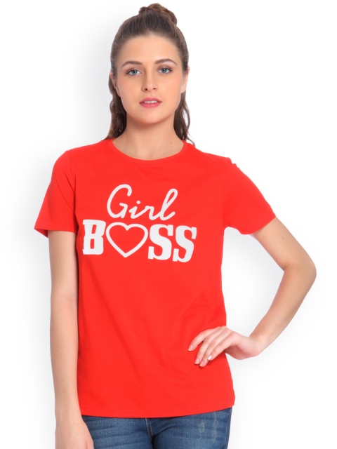 ONLY Women Red Printed Round Neck T-shirt