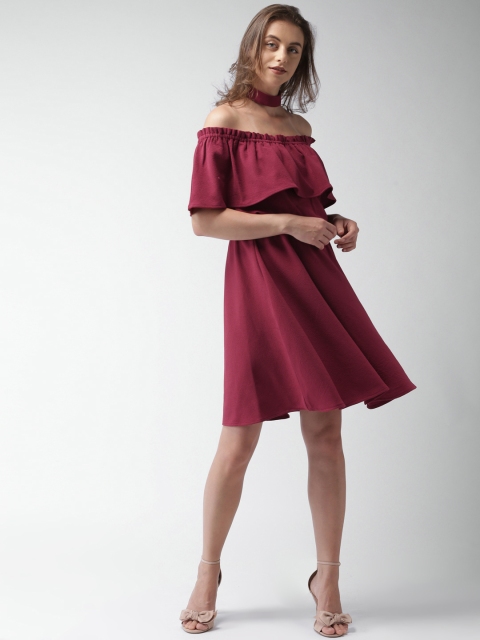 Mast & Harbour Women Maroon Solid Fit and Flare Dress