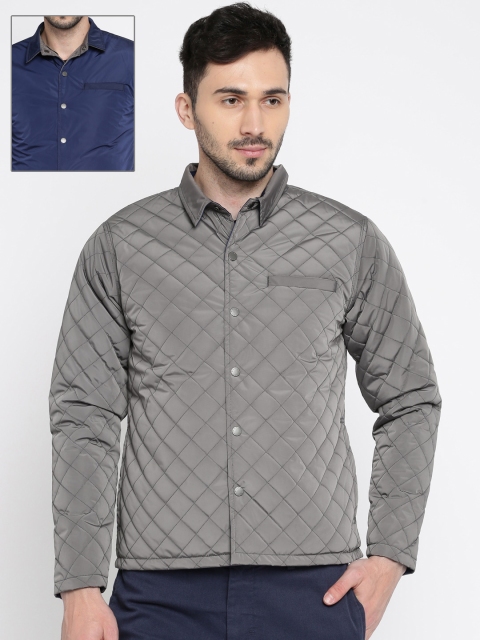 United Colors of Benetton Men Grey & Navy Solid Reversible Quilted Jacket