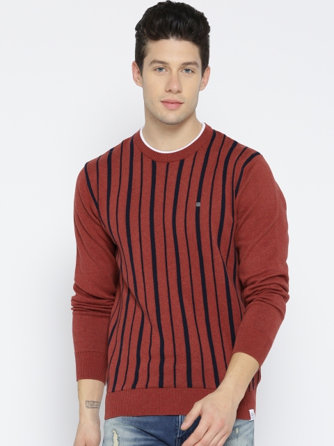 Solly Sport Men Rust Brown & Navy Striped Sweater