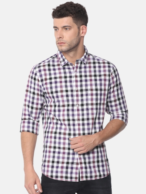 SCULLERS Men Off-White & Purple Slim Fit Checked Casual Shirt