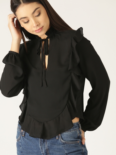 MANGO Women Black Ruffled Top