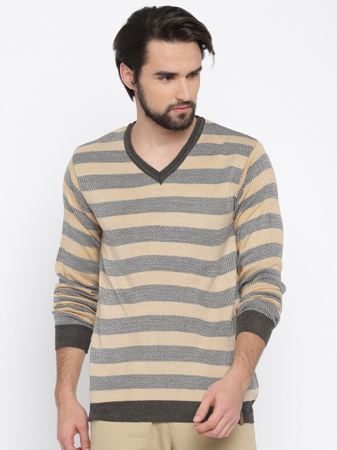 Peter England Men Yellow & Brown Striped Sweater