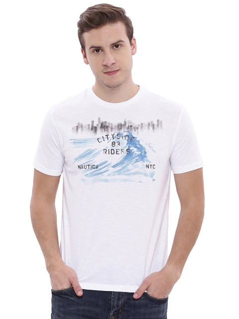 Nautica Men White Printed Round Neck T-shirt