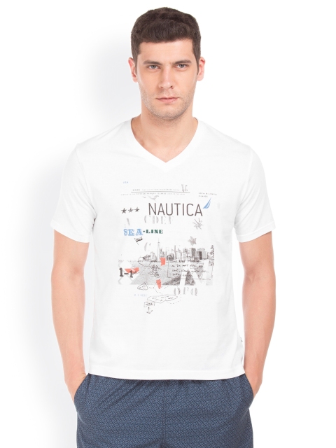 Nautica Men White Printed V-Neck T-shirt