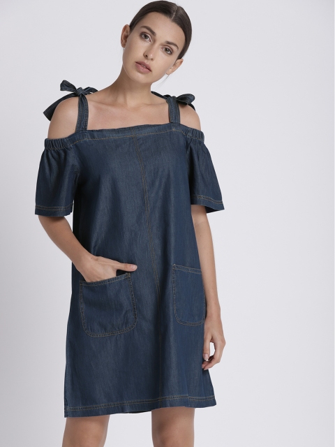 Chemistry Women Blue Solid Cold-Shoulder Dress