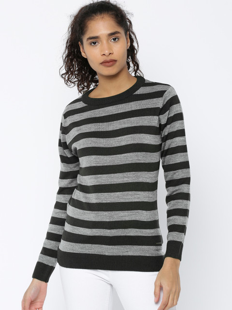 Roadster Women Grey & Olive Green Striped Pullover 
Roadster Women Grey & Olive Green Striped Pullover