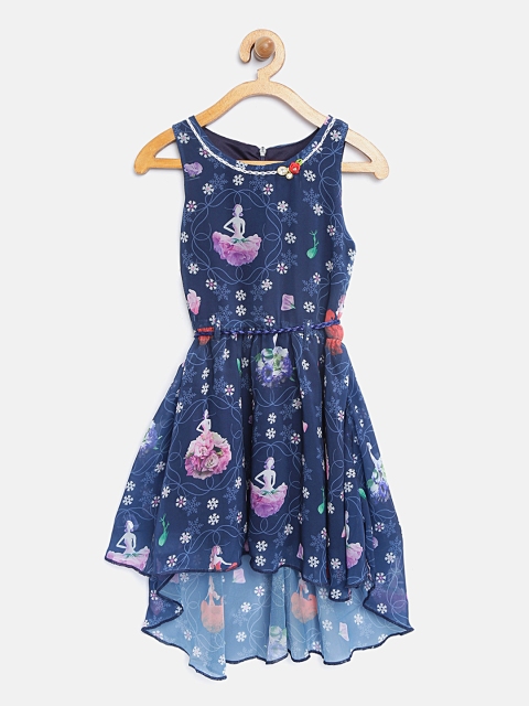 Tiny Girl Girls Navy Blue Printed Fit and Flare Dress