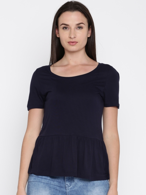 French Connection Women Navy Solid Peplum Top, Navy blue