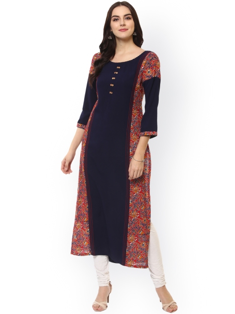 La Firangi Women Navy Blue & Red Printed Straight Kurta