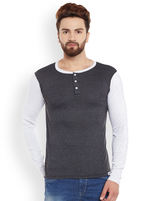 The Dry State Men Grey Melange Solid Henley Neck T-shirt
