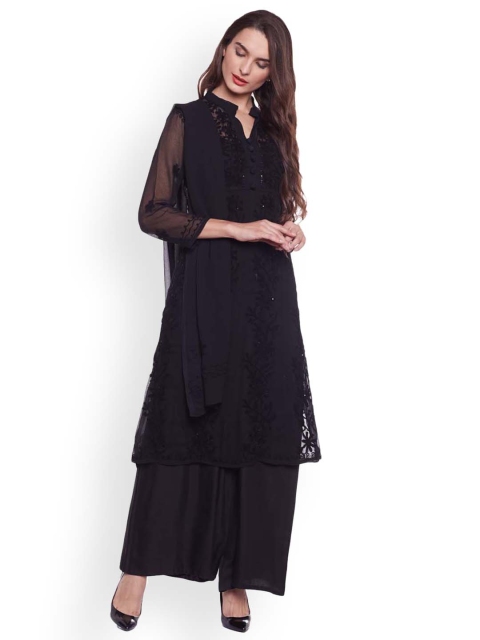 Castle Women Black Embroidered A-Line Kurta