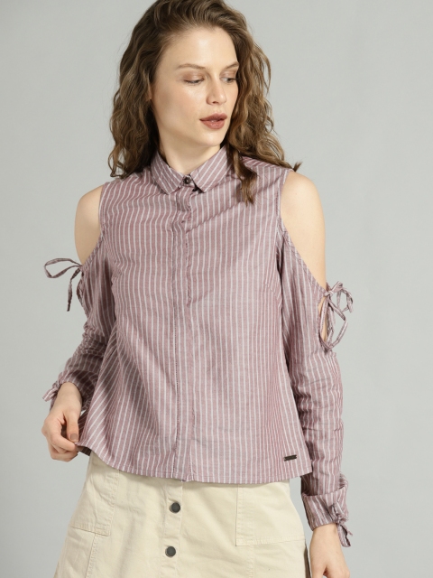 Roadster Women Maroon & White Striped Shirt Style Top
