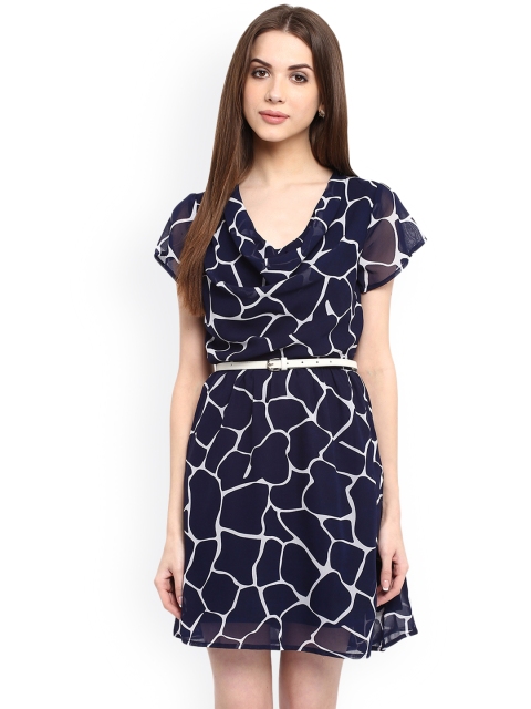 La Zoire Women Navy Blue Printed Fit and Flare Dress
