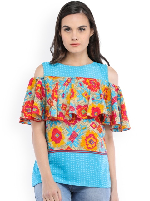 Cottinfab Women Blue Printed Top