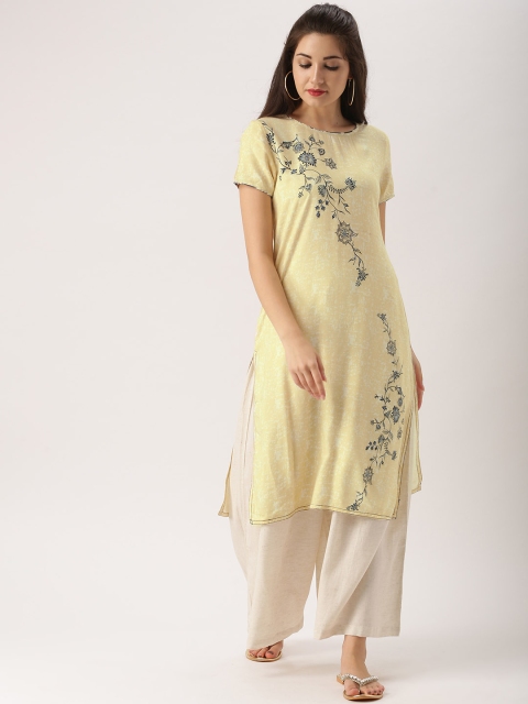 IMARA Women Yellow Printed Straight Kurta