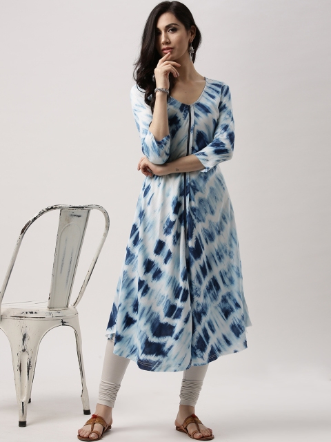 IMARA Women White & Blue Dyed A-Line Kurta
