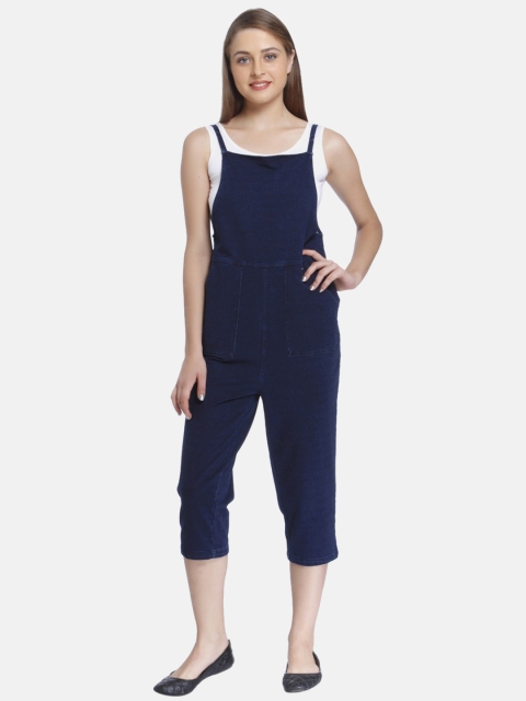 ONLY Women Blue Solid Denim Capri Jumpsuit