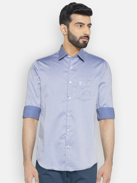 U.S. Polo Assn. Men Blue Tailored Fit Self Design Formal Shirt