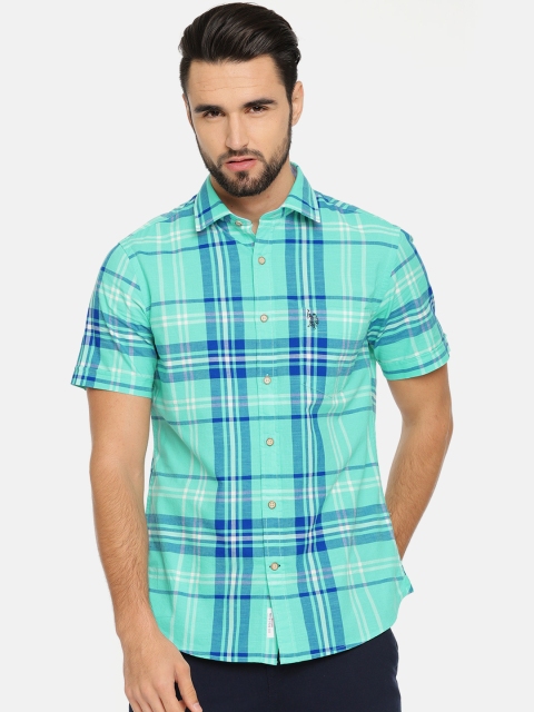 U.S. Polo Assn. Men Sea Green & Blue Tailored Fit Checked Casual Shirt