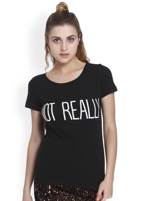 ONLY Women Black Printed Round Neck T-shirt