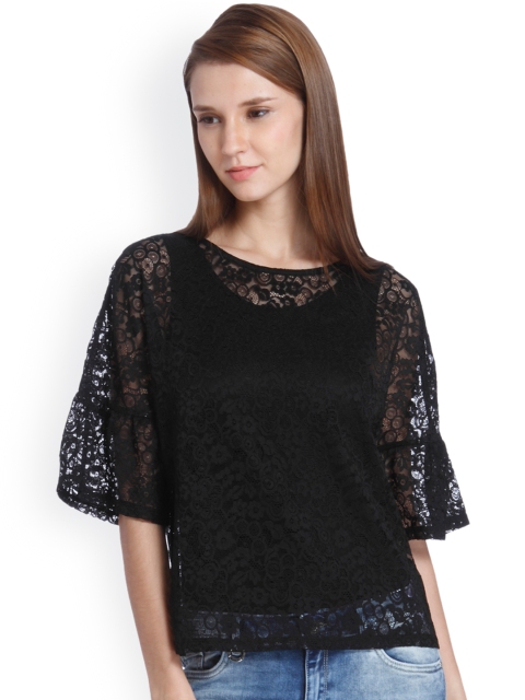 Only Women Black Self Design Semi-Sheer Top