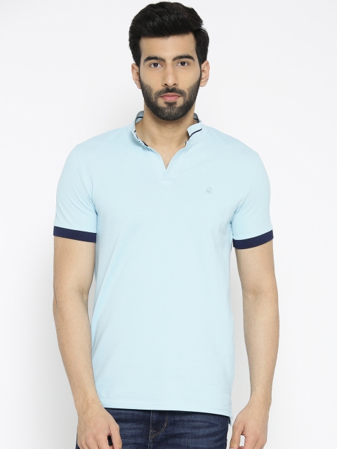 United Colors of Benetton Men Blue Solid Mandarin Collar T-shirt