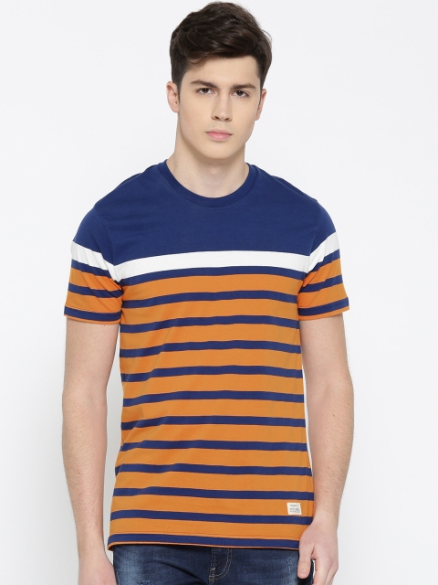 United Colors of Benetton Men Navy Blue & Orange Striped Round Neck T-shirt