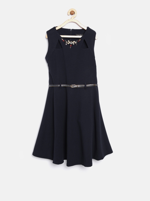 Tiny Girl Navy Blue Solid Fit & Flare Dress