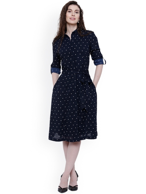 Tokyo Talkies Women Navy Printed Shirt Dress, Navy blue