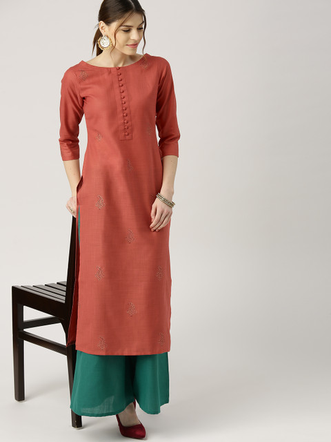 Libas Women Rust Orange & Green Printed Kurta with Palazzos 
Libas Women Rust Orange & Green Printed Kurta with Palazzos