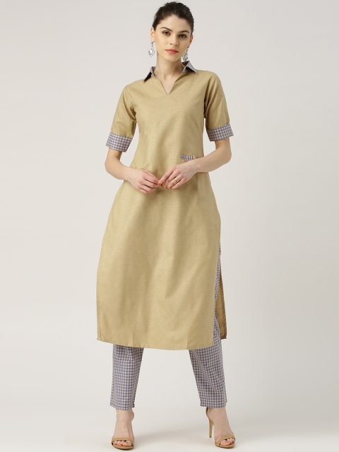 Libas Women Beige & Blue Solid Kurta with Trousers