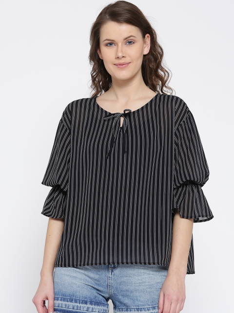 United Colors of Benetton Women Black & Off-White Striped Boxy Top