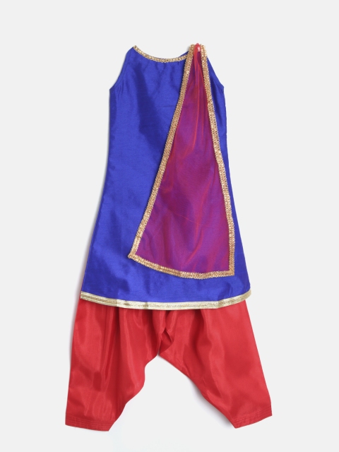 YK Girls Blue & Red Solid Kurta with Salwar & Dupatta